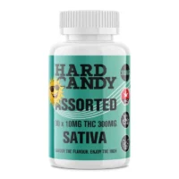 Sativa hard candy with 300mg THC in a teal-labeled bottle.