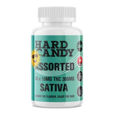 Sativa hard candy with 300mg THC in a teal-labeled bottle.