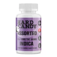 Indica THC Hard Candy Label with Dosage and Safety Icons.