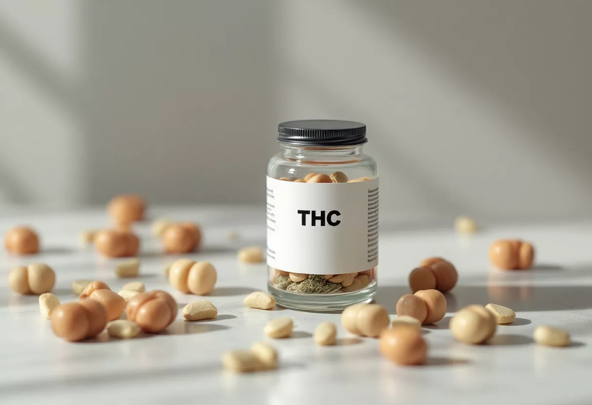 Un bocal en verre rempli de gélules de THC sur une table