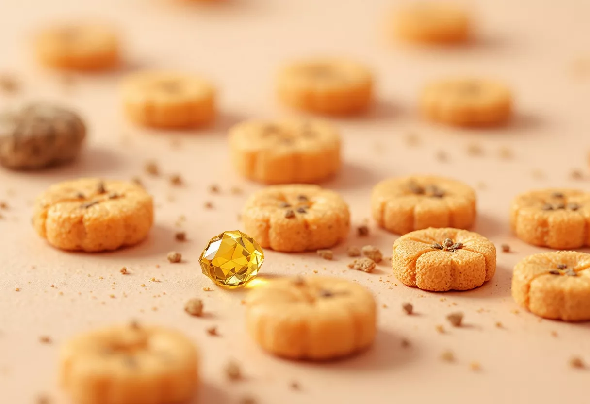 Gros plan sur un bijou jaune au milieu de biscuits orange