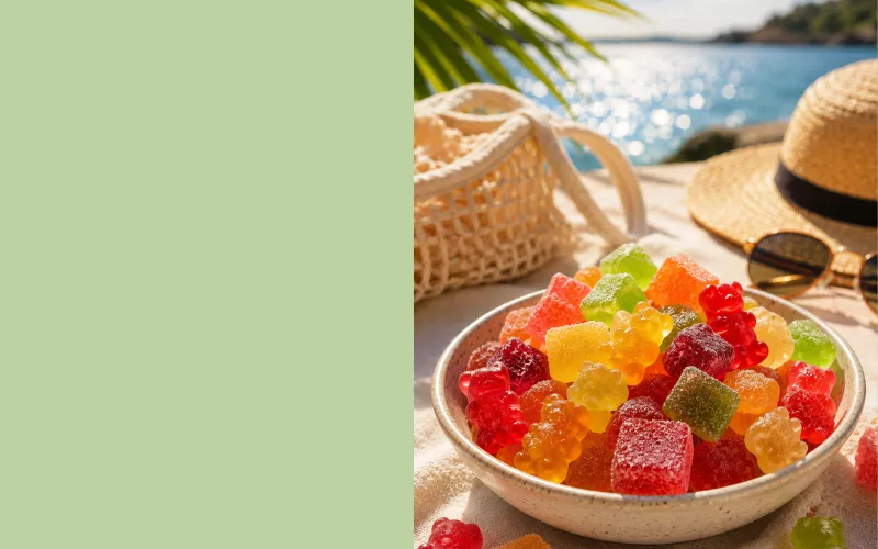 A bowl of colorful gummy bears on a beach