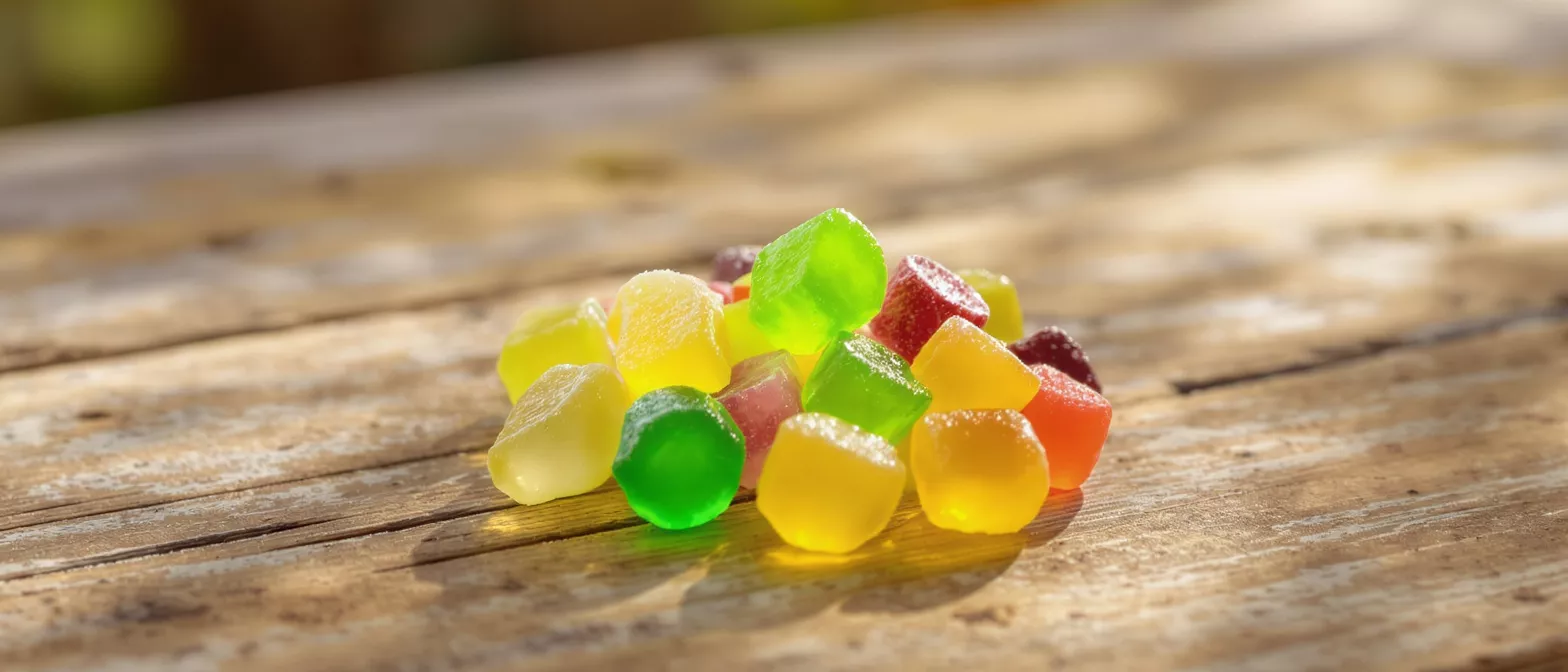 A pile of vibrant, sugar-dusted gummy candies on a rustic wooden surface.