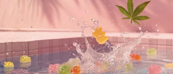 Gummy bears splashing with cannabis leaf