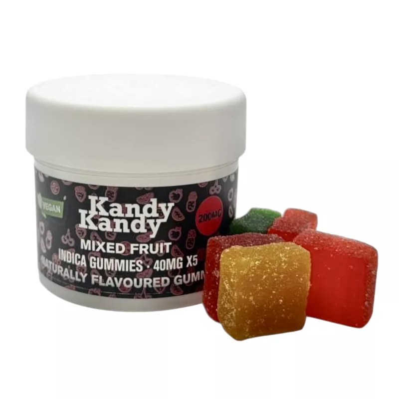 Vegan Indica Gummies: Mixed Fruit Flavors, 200mg THC, Sugar-Coated, Naturally Flavored.