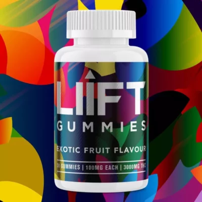 Colorful LIIFT Exotic Fruit Gummies bottle with 3000mg THC potency highlighted.