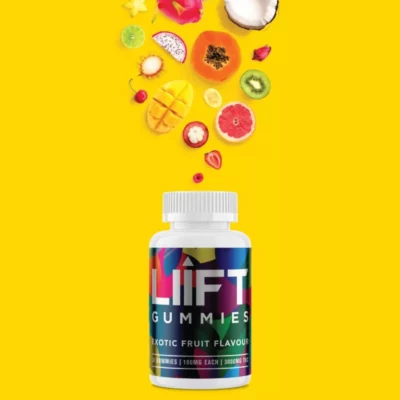 LIIFT 3000mg Exotic Fruit Gummies in white bottle with vibrant fruits on yellow background.