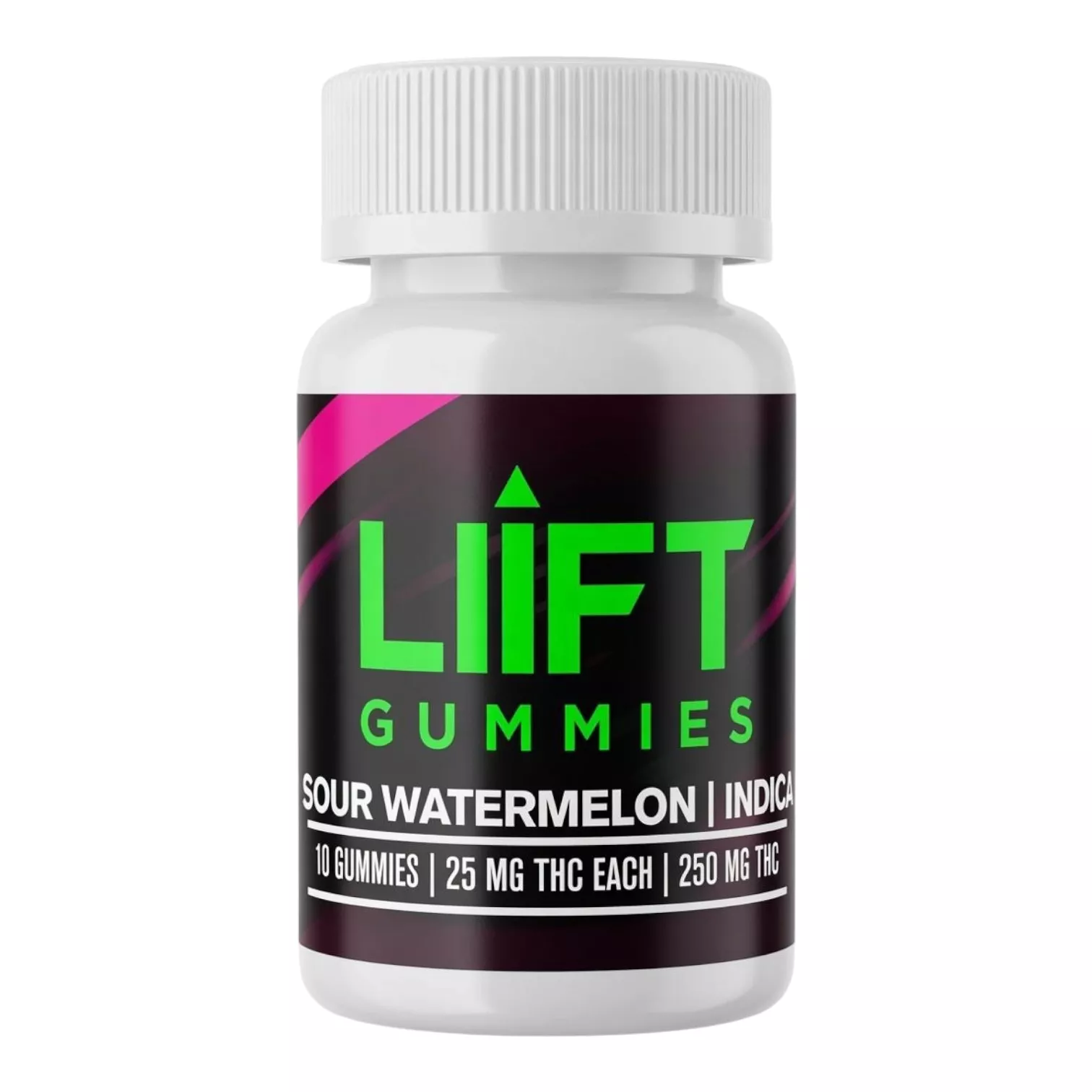 LIIFT Gummies Sour Watermelon Indica bottle, 10 gummies, 25mg THC each.