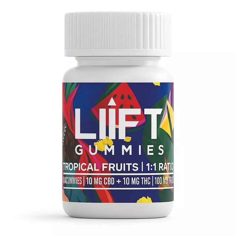 Tropical fruit gummies with 10 mg CBD and 10 mg THC per serving for balanced relaxation.