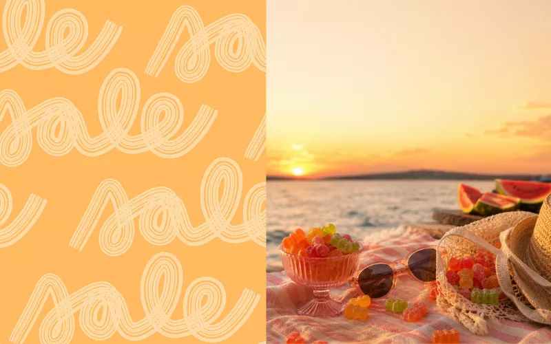 Split image: 'Sale' text on orange, gummy bears on beach at sunset.
