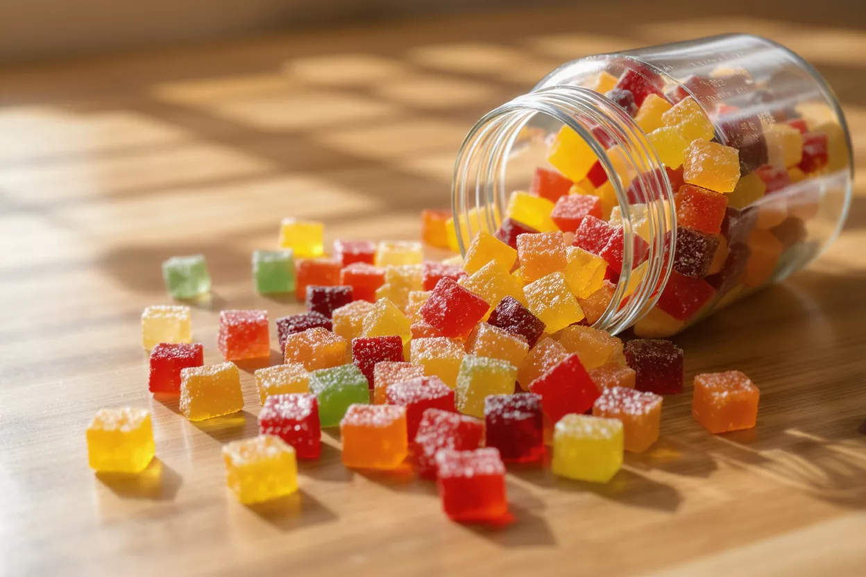 A glass jar tipped over, spilling vibrant, sugar-coated gummy candies onto a wooden surface.