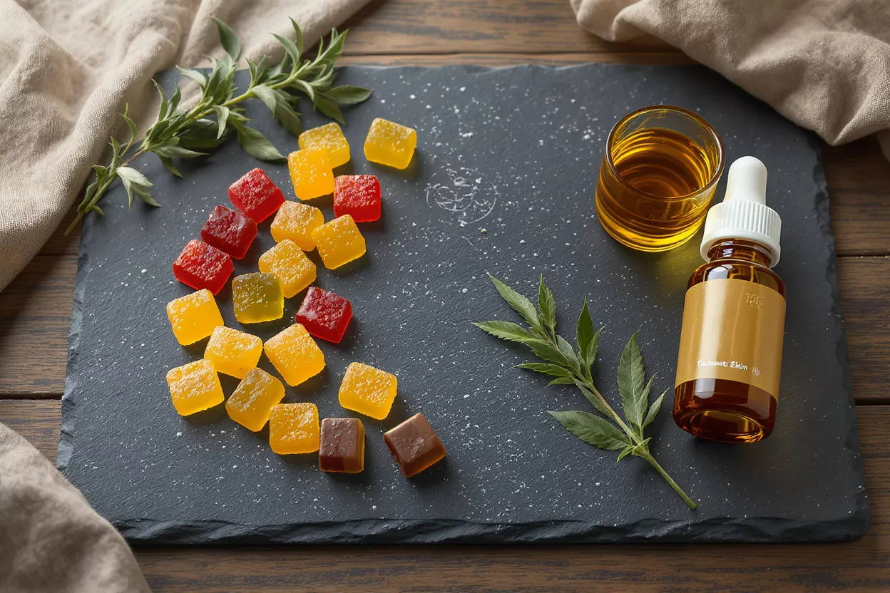 Colorful CBD gummies, oil dropper bottle, and liquid on a dark slate board.