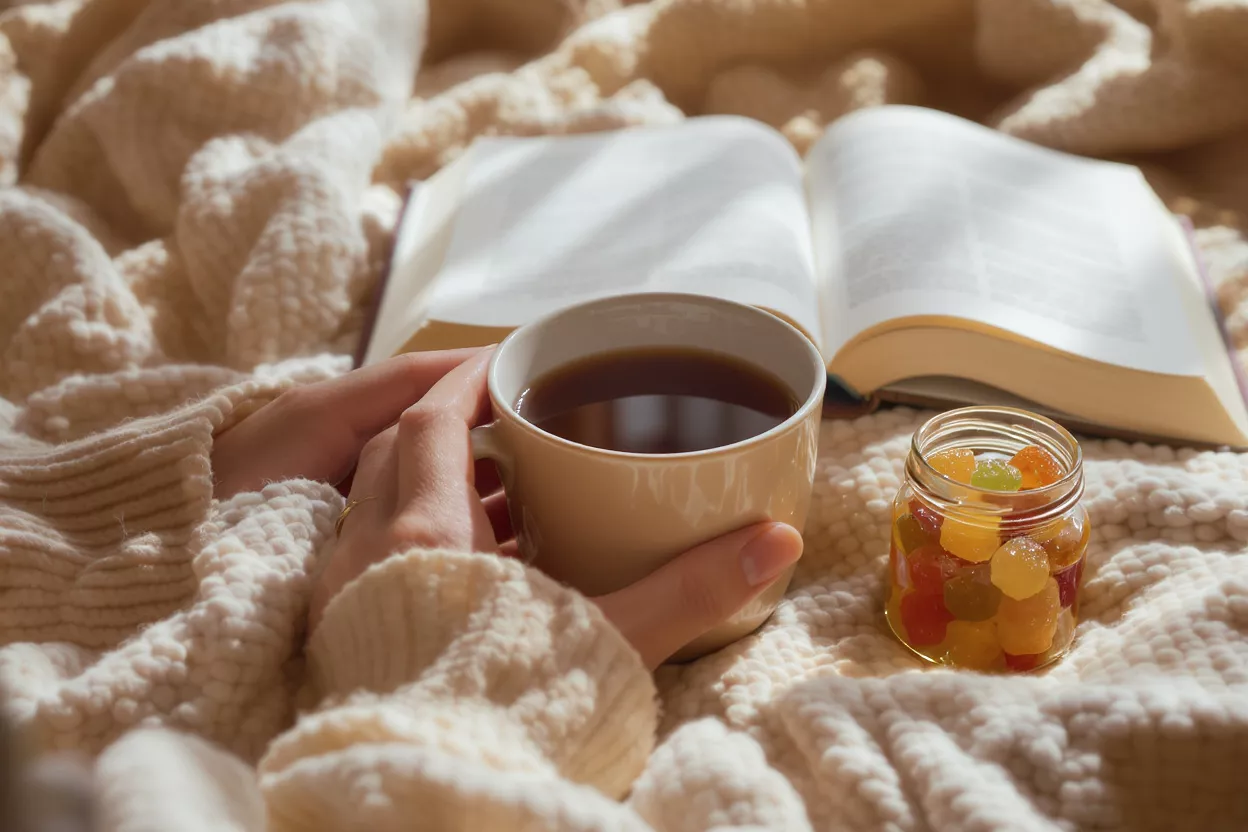 Hands holding a coffee mug, open book, and jar of colorful candies on a blanket.