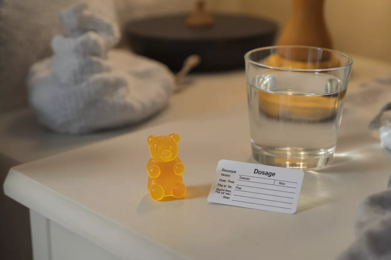 Orange gummy bear, dosage card, and glass of water on a white nightstand.