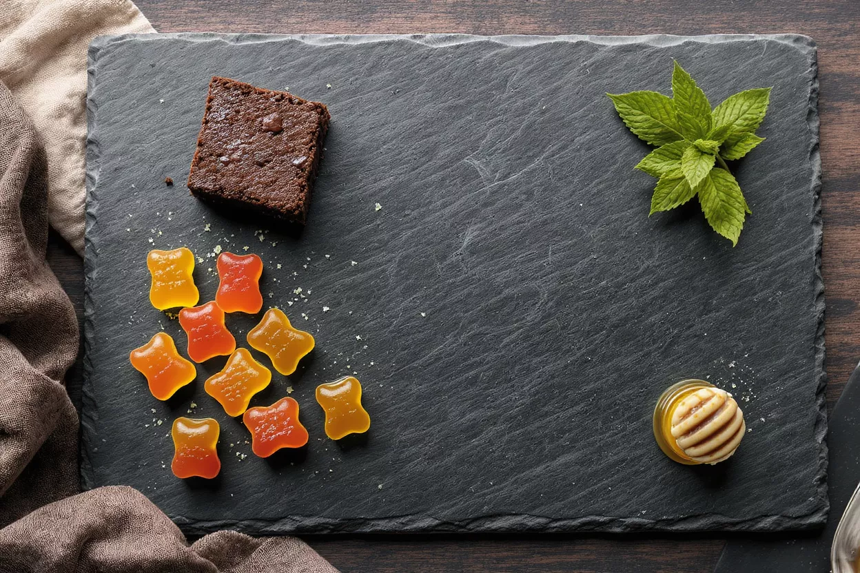 A slate board with gummies, a brownie, honey, and mint leaves on a wooden table.