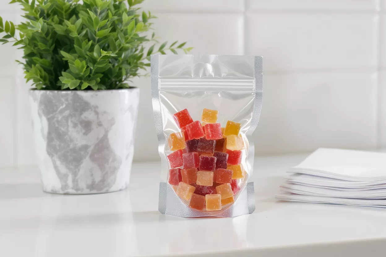 Clear stand-up pouch filled with colorful gummy cubes on a white counter.