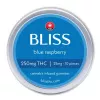 Bliss blue raspberry THC gummies tin with cannabis leaf icon and dosage details.