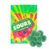 Cannabis-infused sour candy, 600mg Sativa, colorful packaging with grape flavor.