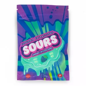 Cannabis-infused candy with vibrant design by Euphoria Extractions, 600mg Indica, blackberry flavor.