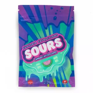 Colorful packaging of Euphoria Extractions Sours 600mg cannabis-infused candy.
