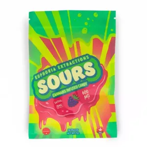 Euphoria Extractions Sours cannabis candy, vibrant packaging with 600mg sativa dosage.