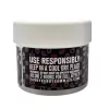 Gummy container with safety warnings, decorative pattern, and company website link for responsible use.