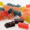 Assorted colorful gummy bears covered in sugar on a white background.