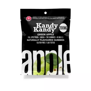 Kandy Kandy Green Apple THC Gummies packaging with cannabis icon and flavor details.