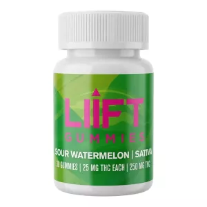 White bottle of Lift Gummies, sour watermelon sativa flavor, 25mg THC each.