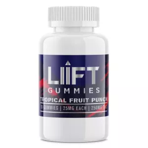 LIIFT Gummies - Tropical Fruit Punch, 25mg THC each, 10 gummies per bottle.