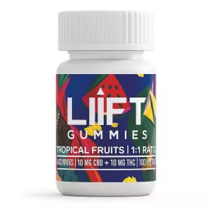 Tropical fruit gummies with 10 mg CBD and 10 mg THC per serving for balanced relaxation.