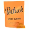 Potluck Citrus Cannabis Gummies, 20mg THC each, bright orange packaging, resealable.