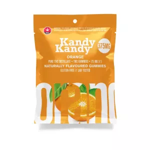 THC-infused orange gummies package labeled 375mg, gluten-free, naturally flavored, and lab tested.