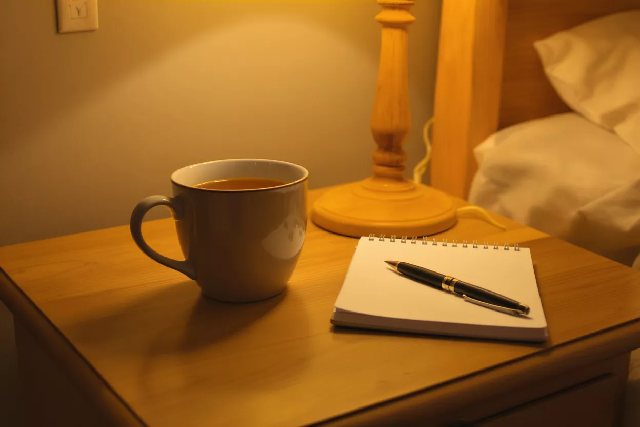 A cup of coffee beside a notebook and pen