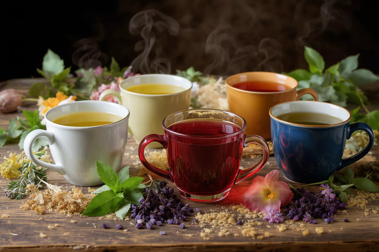 Five cups of herbal tea with flowers and herbs