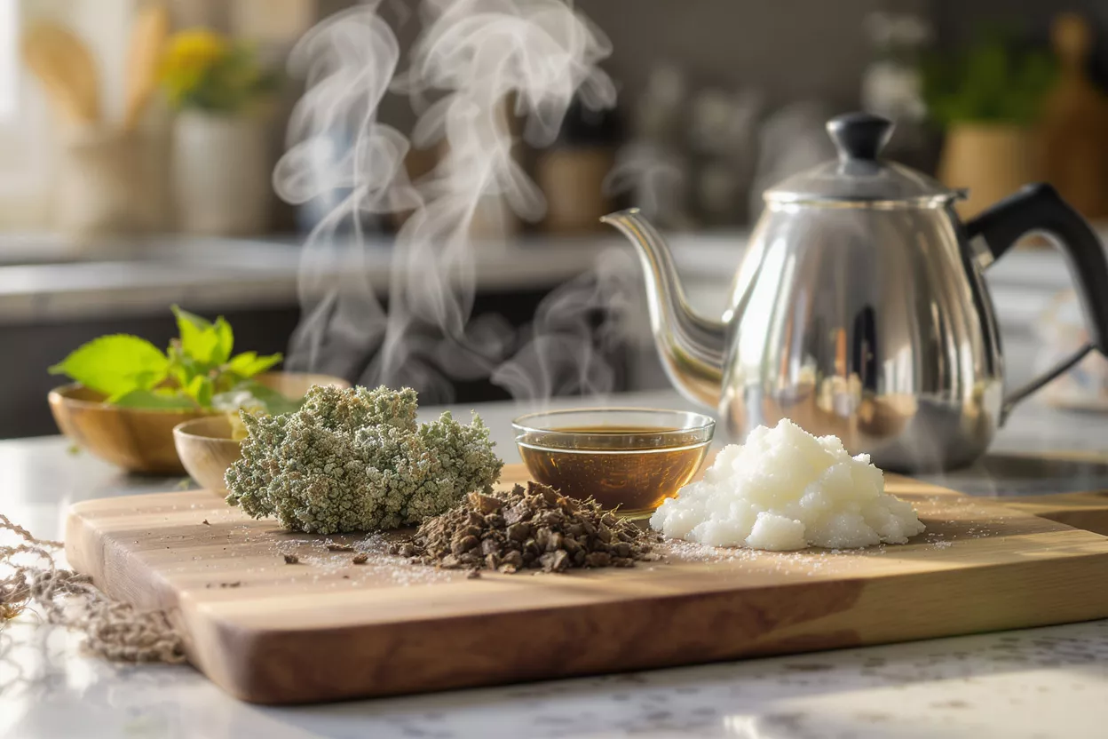 Fresh herbs, tea, and ingredients on a wooden board