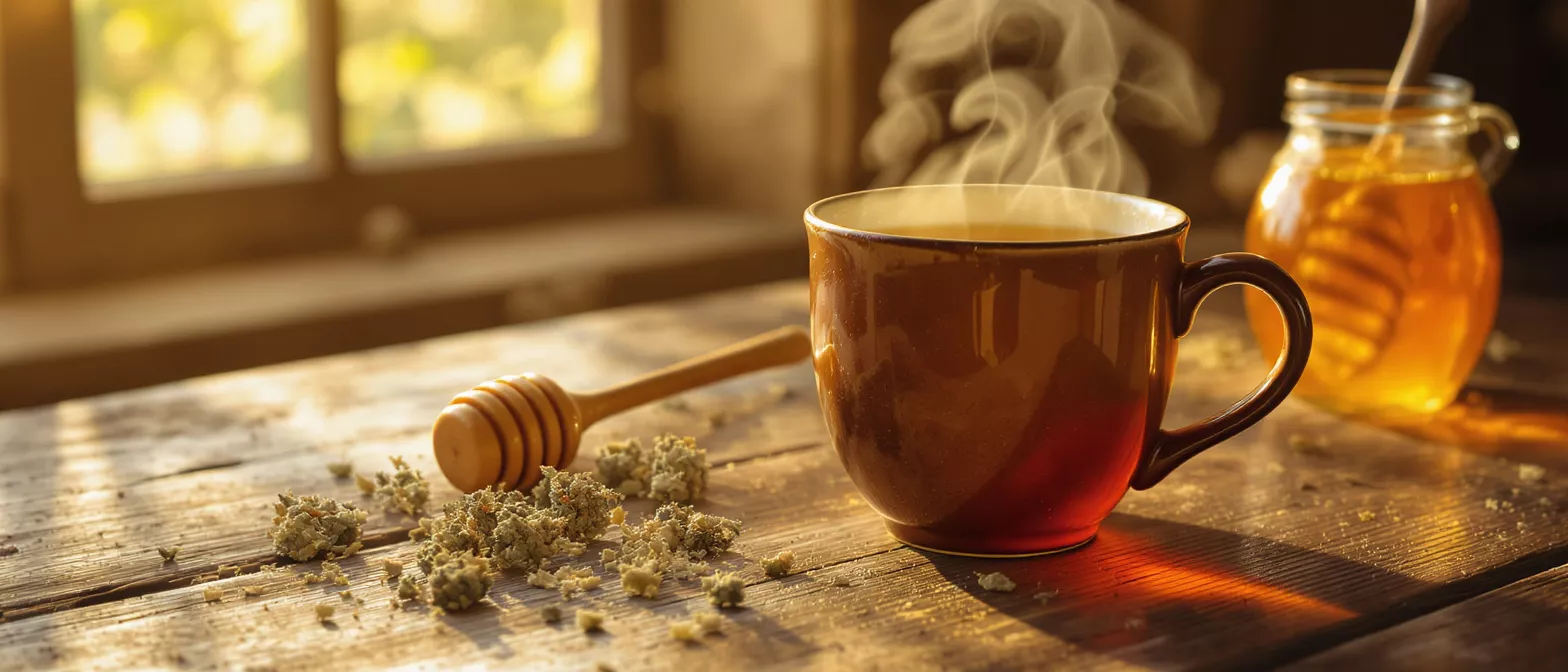 A cup of steaming tea beside honey and herbs