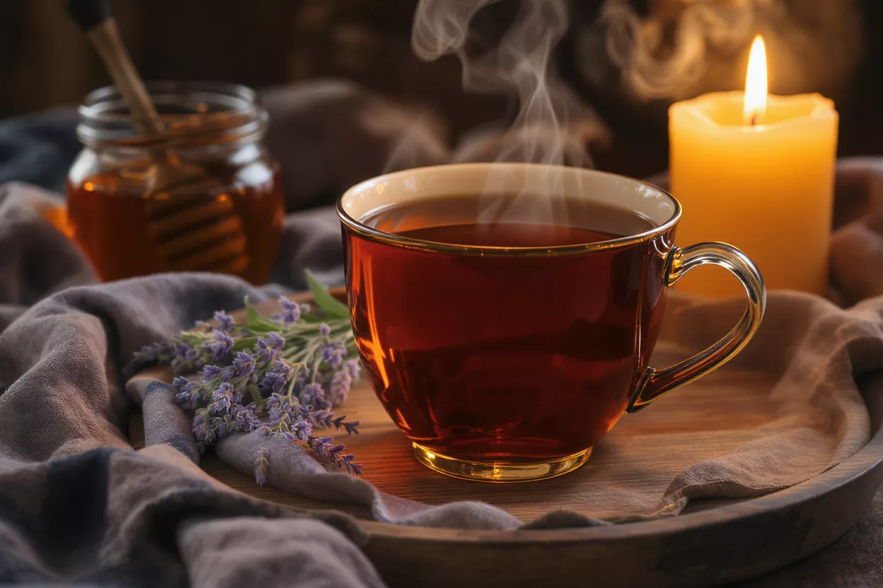 A cup of steaming tea beside lavender flowers and a candle