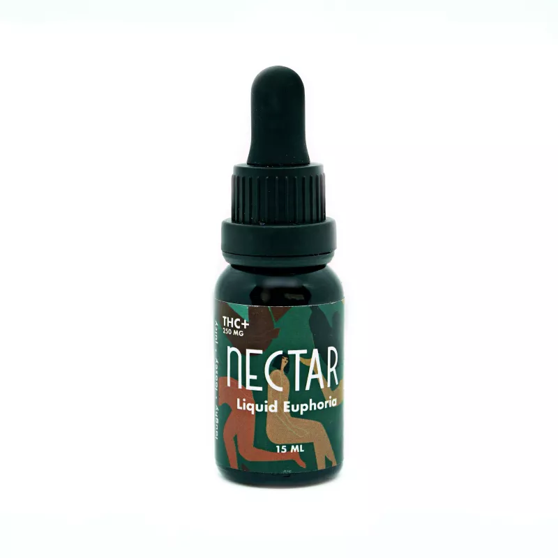 NECTAR 250mg THC Liquid Euphoria in 15ml amber dropper bottle with child-resistant cap.