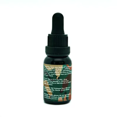 15ml THC tincture in dark dropper bottle with humorous label and Stevia flavoring.