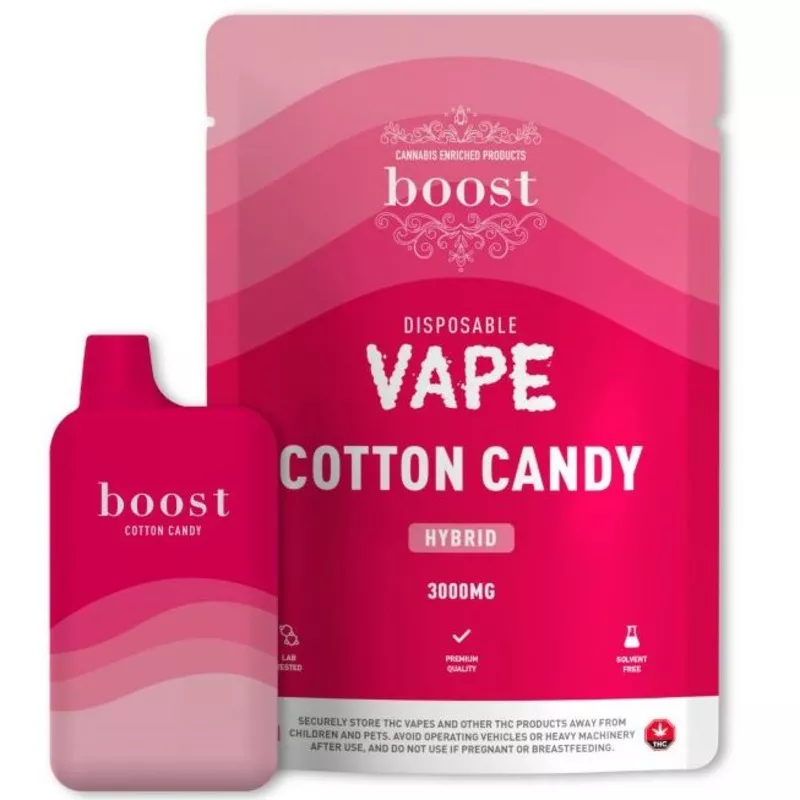 Cotton candy flavored disposable vape pen, 3000mg, cannabis hybrid strain, premium quality.