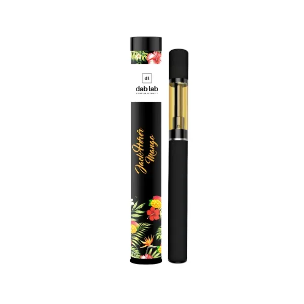Dab Lab Jack Herer Mango vape pen with tropical packaging on white background.