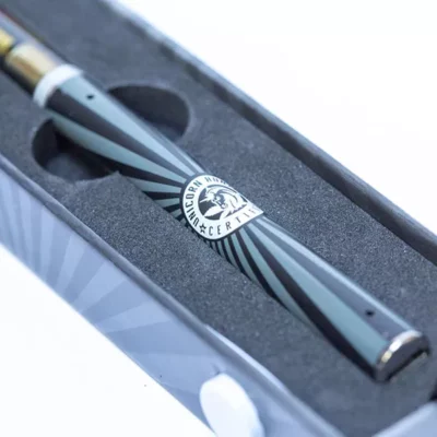 Luxury fountain pen with lion emblem in custom case, symbolizing elegance and professionalism.