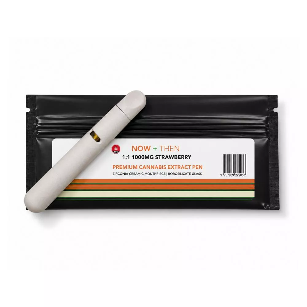 Now + Then 1:1 1000mg Strawberry Premium Cannabis Extract Pen with packaging.