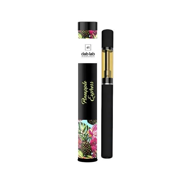 Black vape pen next to its 'Pineapple Express' themed packaging.