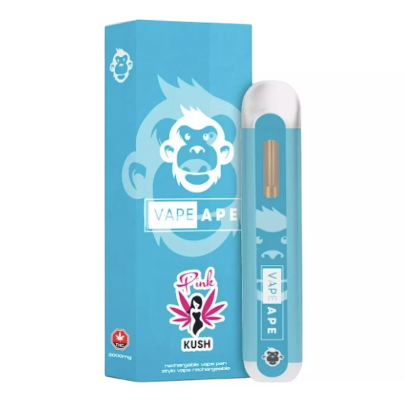Vape pen with blue packaging featuring a monkey logo and pink accents.