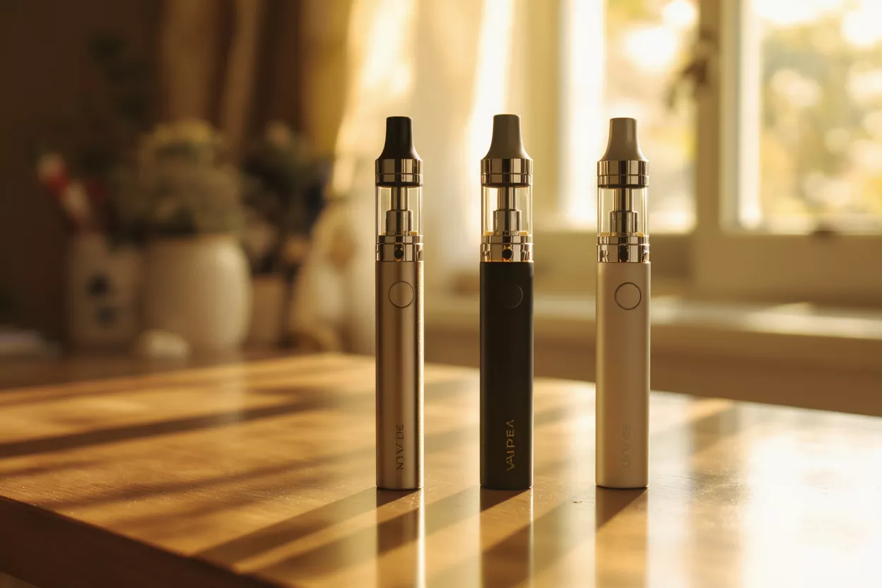 Three vape pens in gold, black, and white on a sunlit wooden table.