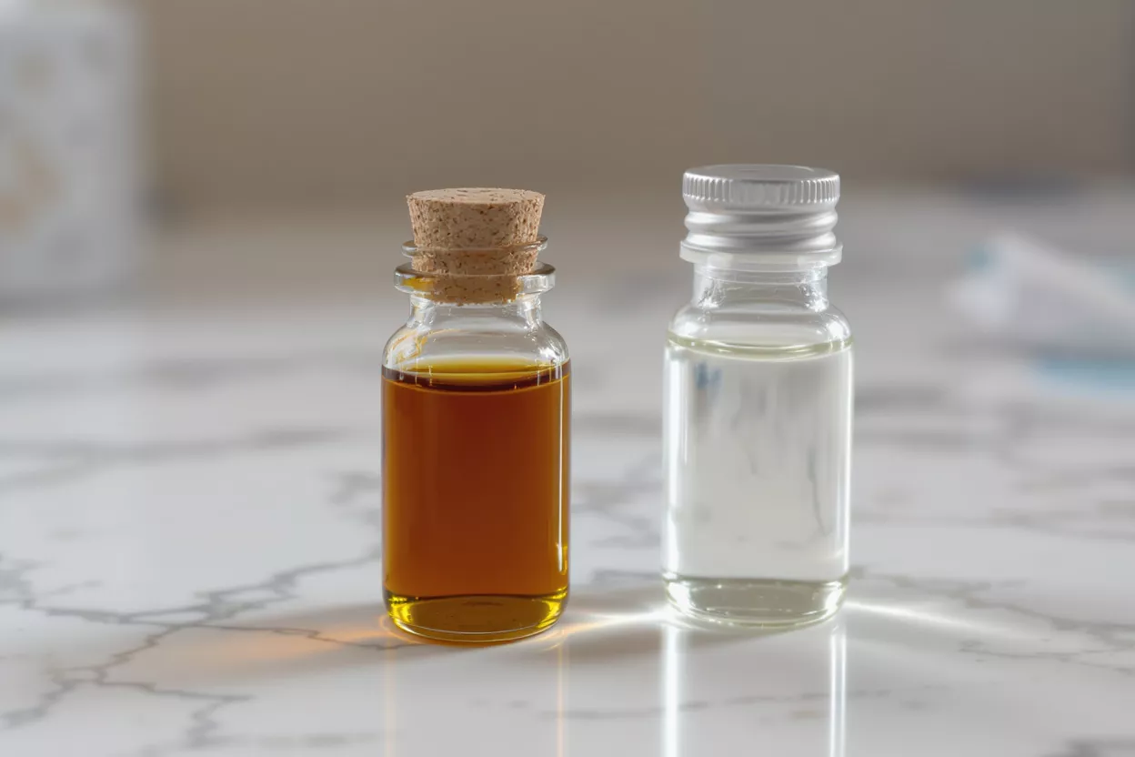 Two small glass bottles, one with amber oil and cork, one with clear oil and silver cap.
