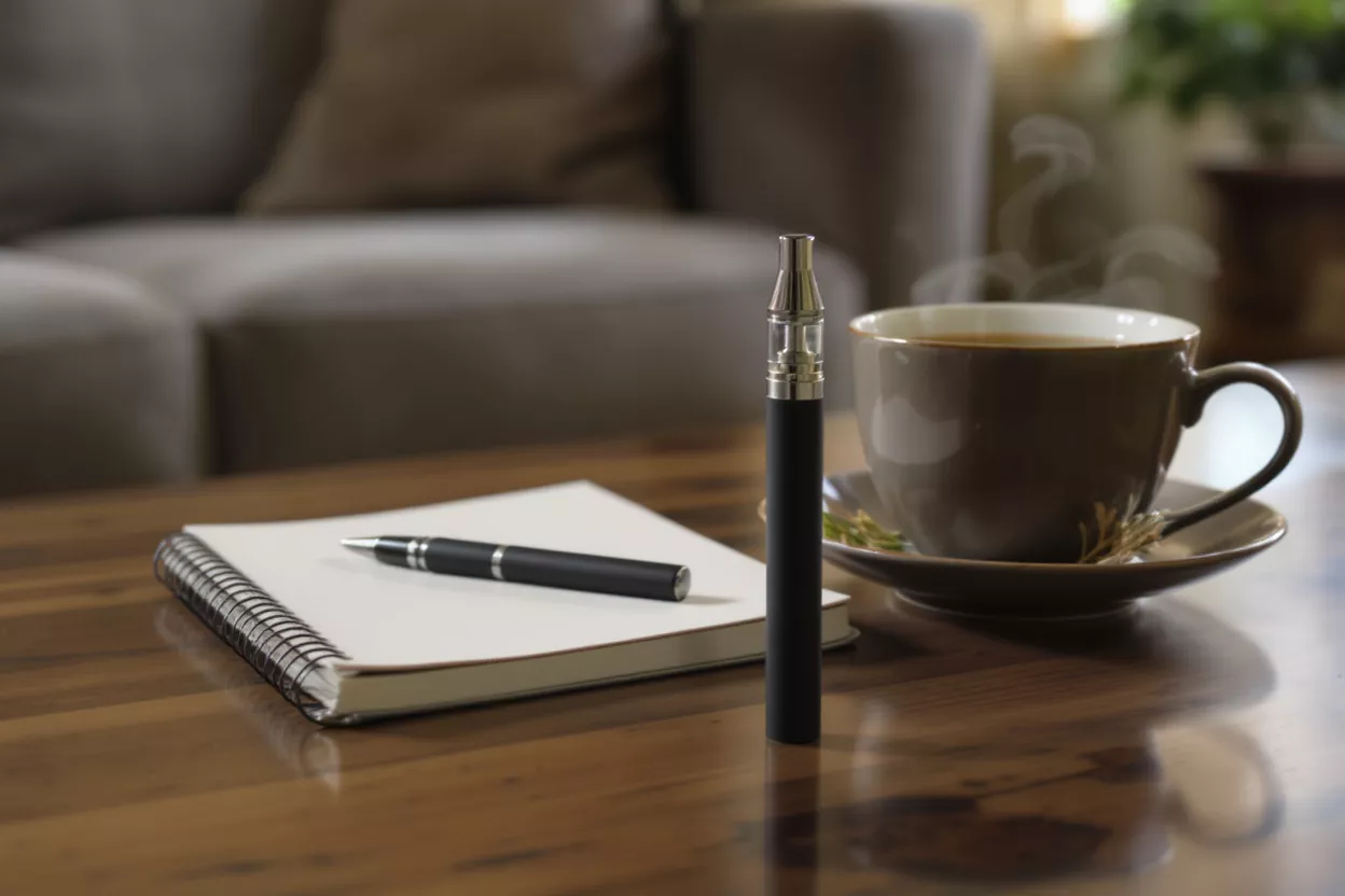 Vape pen, steaming coffee, and notebook with pen on a wooden table.