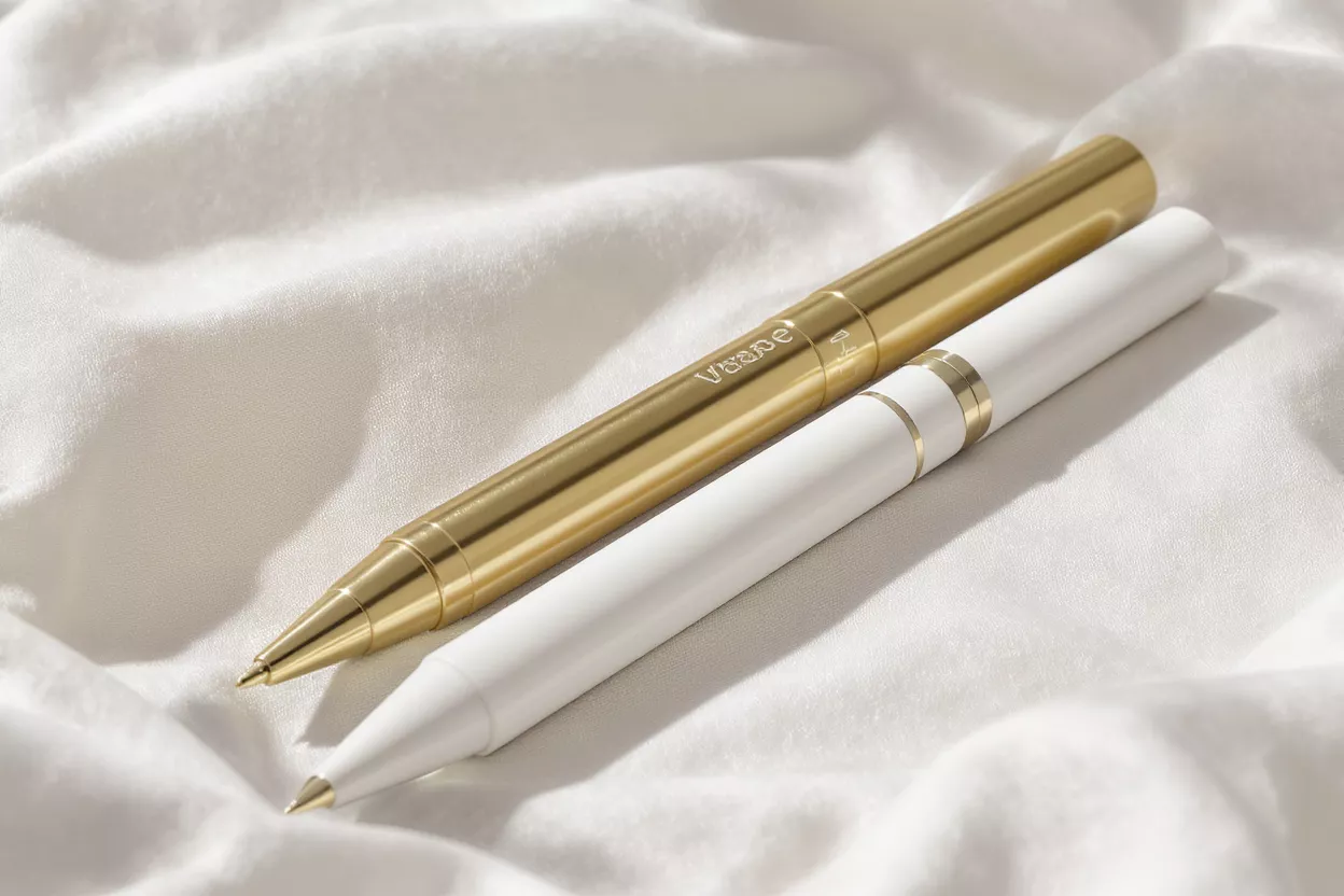 Two sleek pens, one gold and one white, resting on a white fabric.